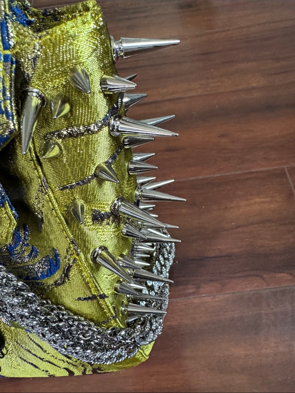 Akira lime green and blue Floral Brocade Spike Chain Handbag - Picture 2 of 6